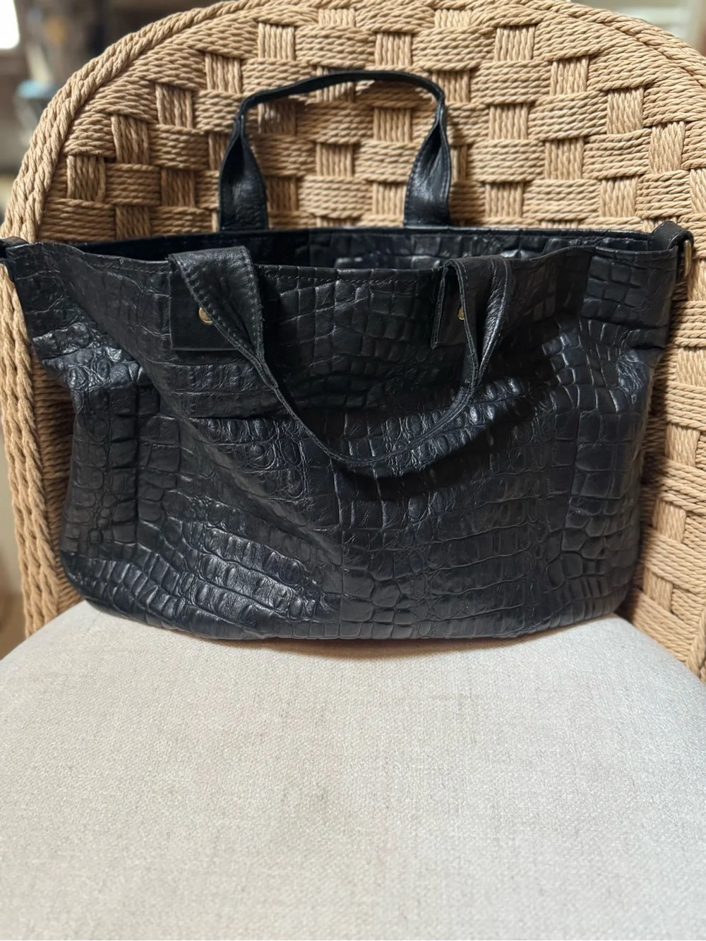 Clare V Black Croc-Embossed Leather Weekender Bag Tote with Shoulder Strap